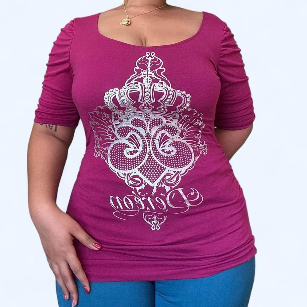 2000s Y2K purple Dereon Short Sleeve Top with Ruching and Rhinestones - Large /M
